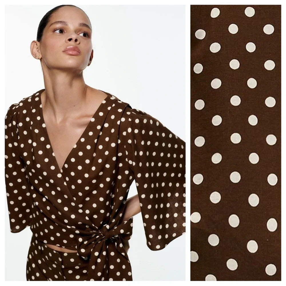 NWT. Zara Brown/Cream Polka Dots Crop Top with Bow. Size L. - Picture 4 of 12